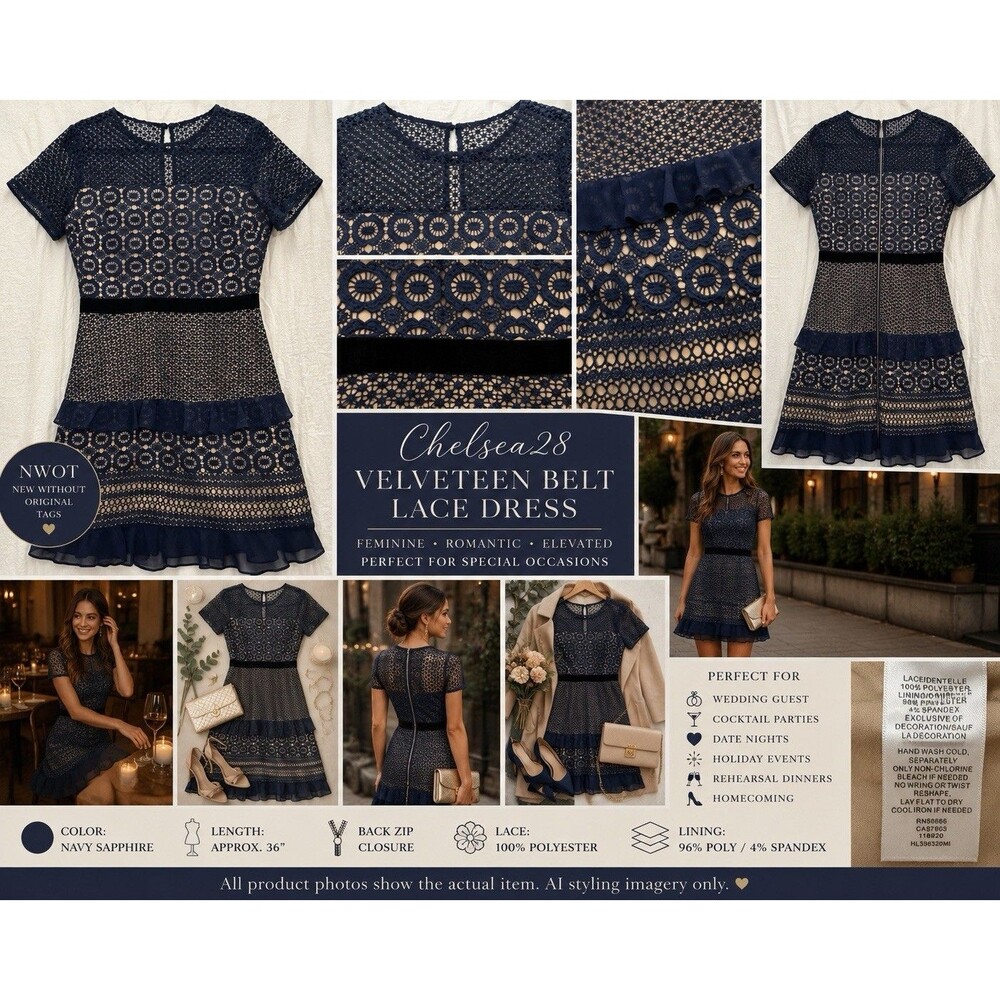 NWOT Chelsea28 Velveteen Belt Lace Dress Navy Sapphire Cocktail Nordstrom Luxe M